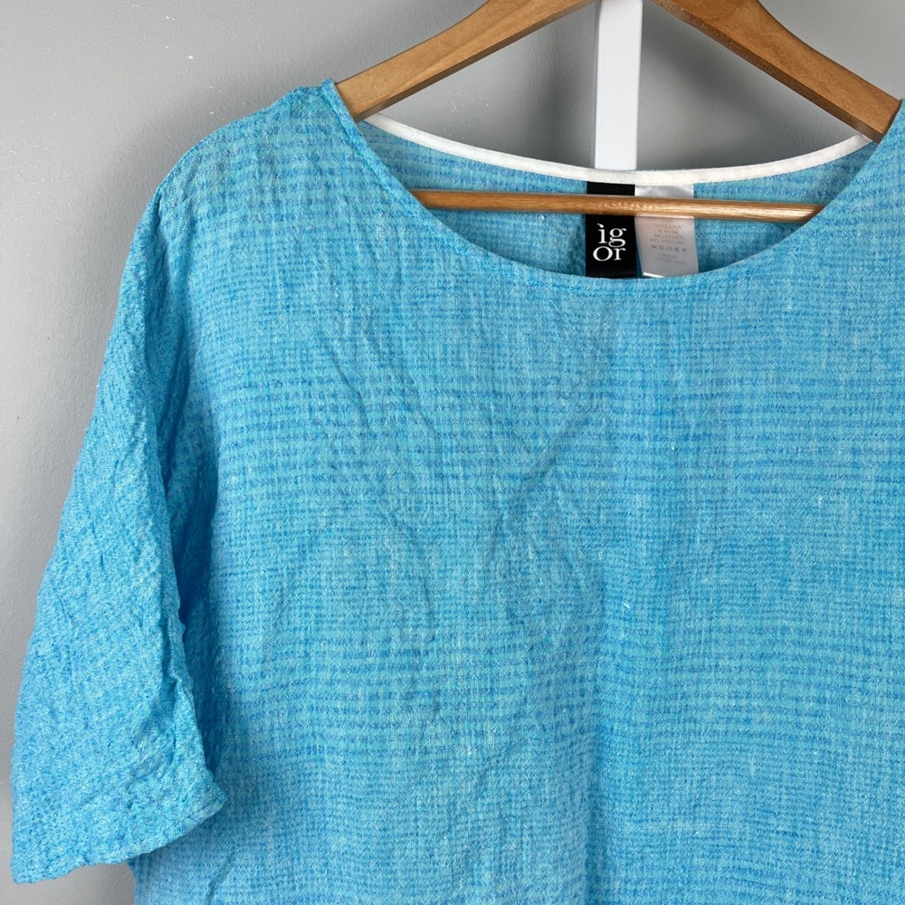 Igor Dobranic Helena Linen Blend Top Boxy Tiered Hem Short Sleeve Blue Size M